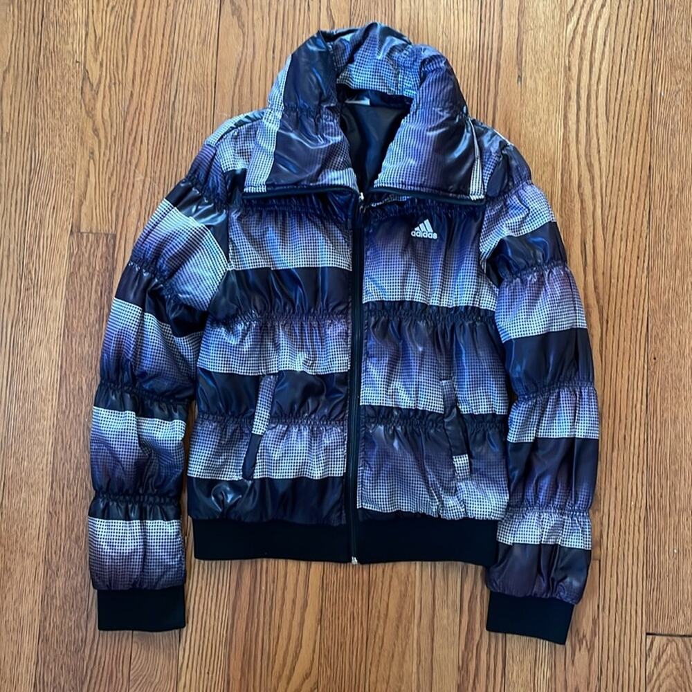 Vintage Y2K Adidas Women’s Puffer Jacket Plaid Ombré Ruched Grey Purple Black S